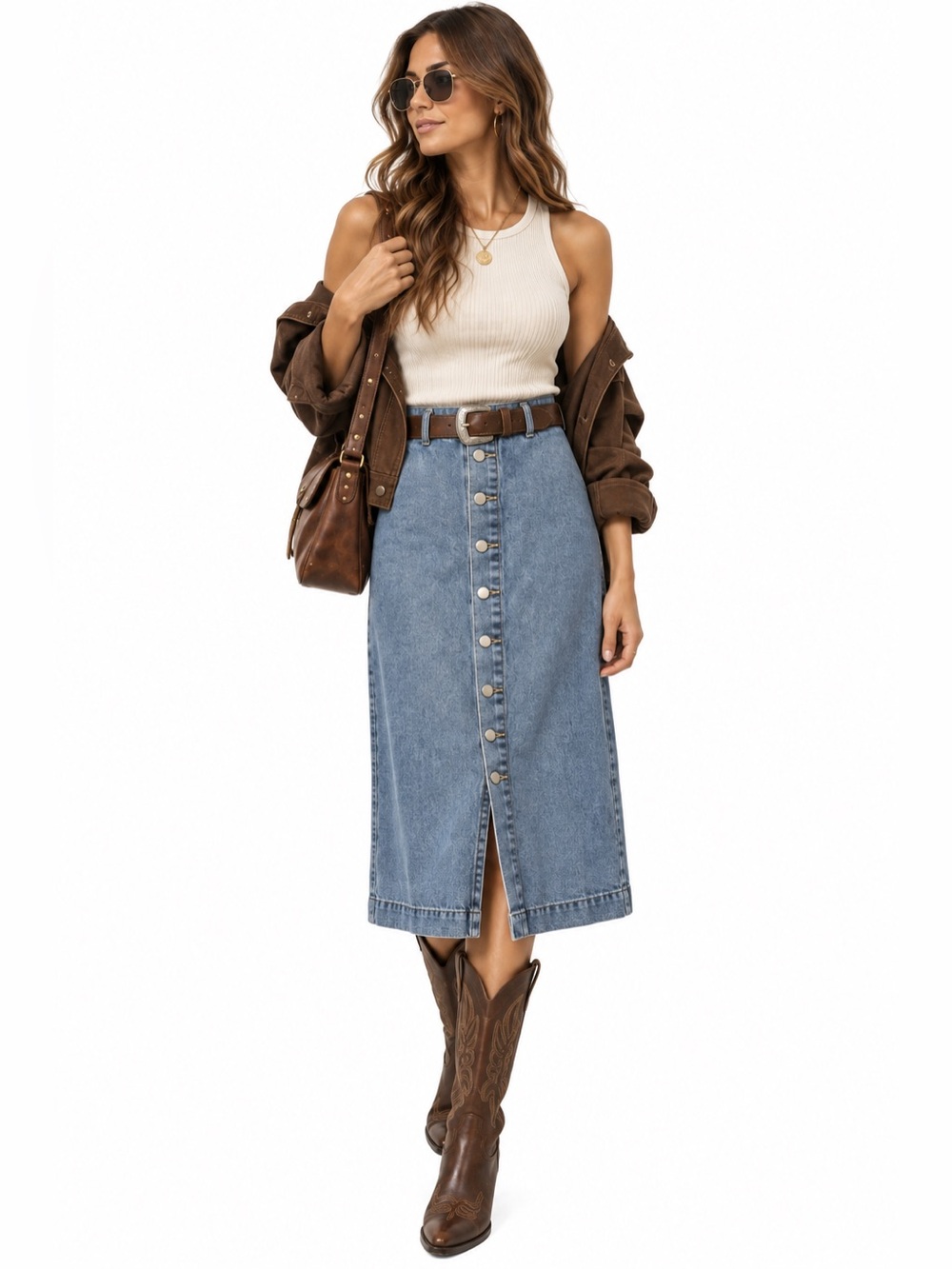Vintage Style Button Front Denim Midi Skirt Small 90s Y2K Western Prairie